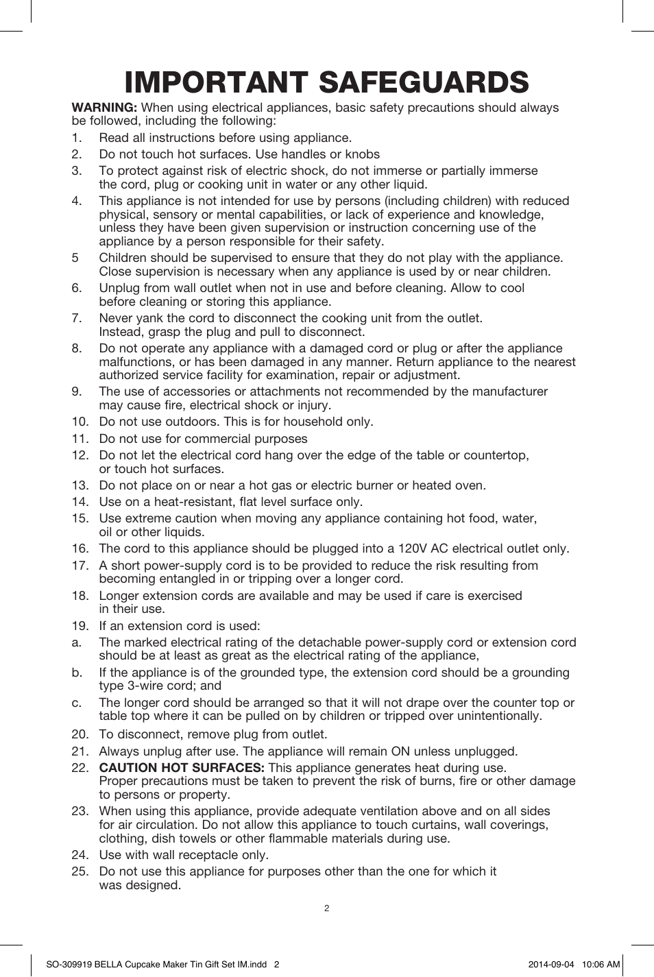 Important safeguards | BELLA 13823 Mini Cupcake Maker Tin Box Set User Manual | Page 3 / 43