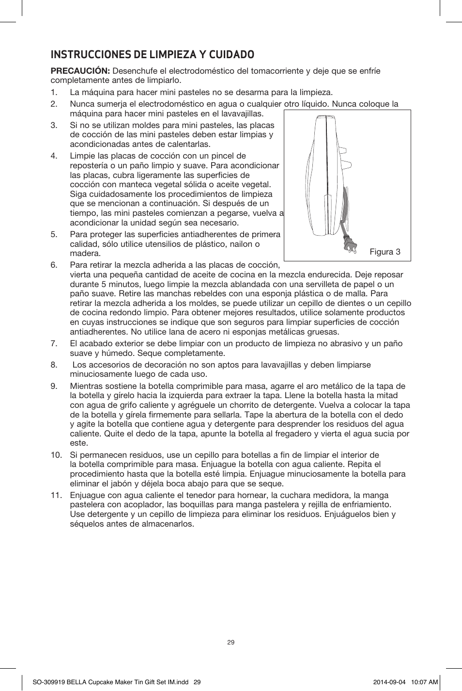 Instrucciones de limpieza y cuidado | BELLA 13823 Mini Cupcake Maker Tin Box Set User Manual | Page 30 / 43
