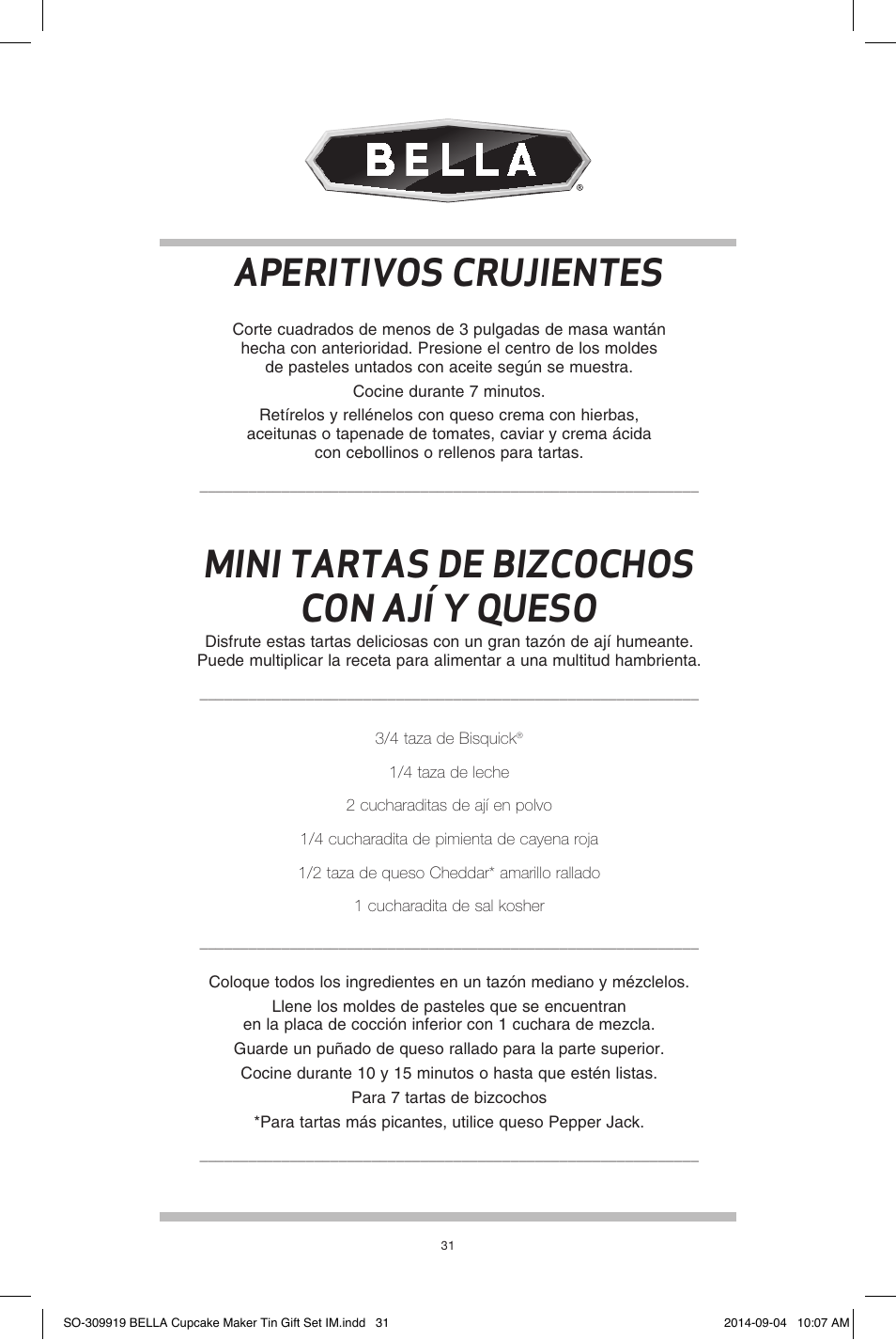 Aperitivos crujientes, Mini tartas de bizcochos con ají y queso | BELLA 13823 Mini Cupcake Maker Tin Box Set User Manual | Page 32 / 43