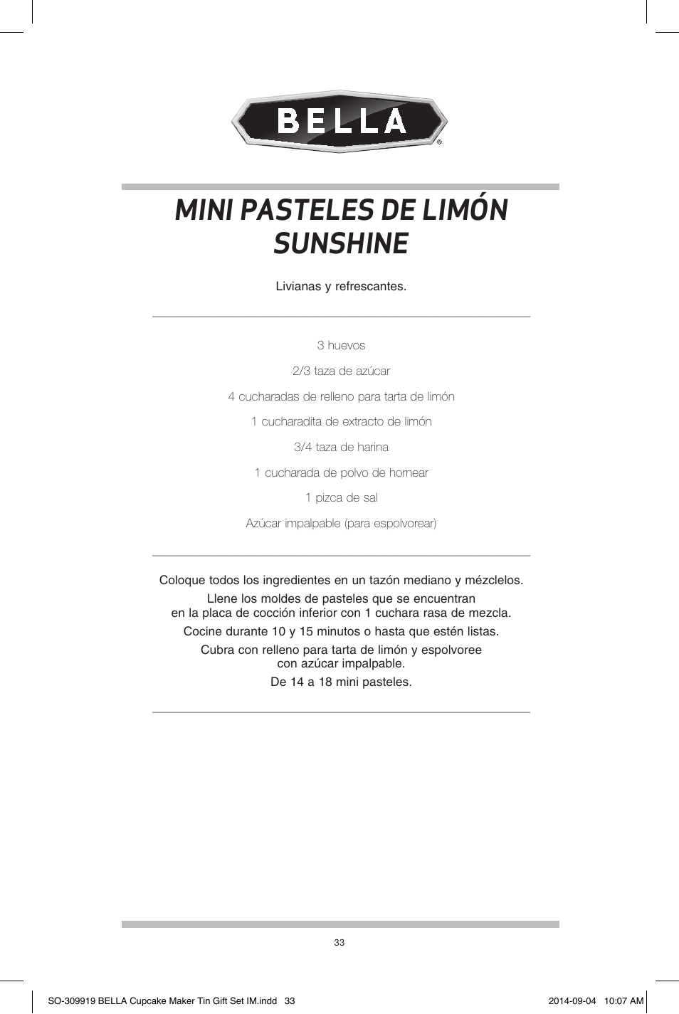 Mini pasteles de limón sunshine | BELLA 13823 Mini Cupcake Maker Tin Box Set User Manual | Page 34 / 43