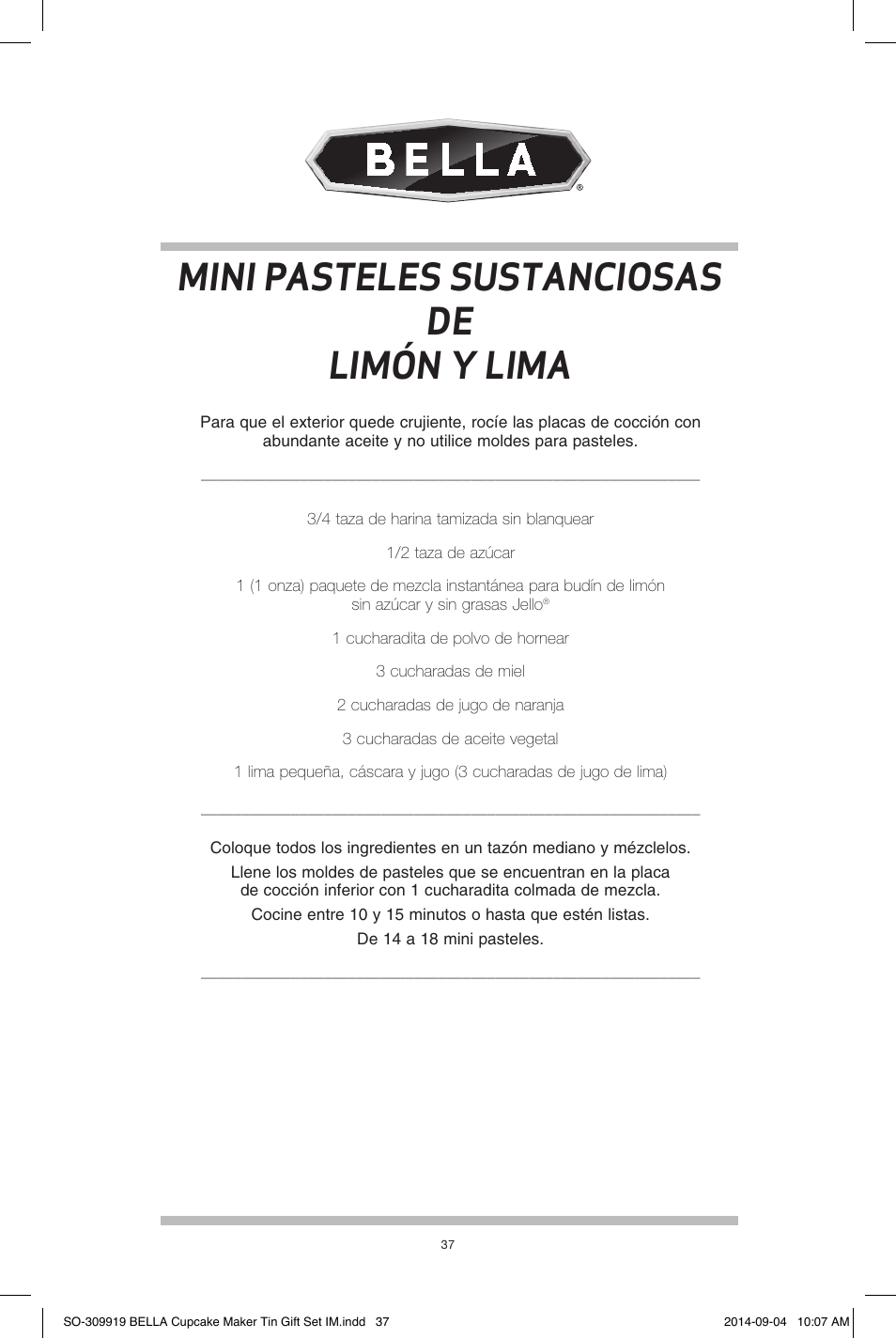 Mini pasteles sustanciosas de limón y lima | BELLA 13823 Mini Cupcake Maker Tin Box Set User Manual | Page 38 / 43