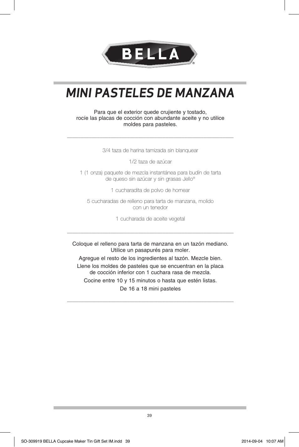 Mini pasteles de manzana | BELLA 13823 Mini Cupcake Maker Tin Box Set User Manual | Page 40 / 43