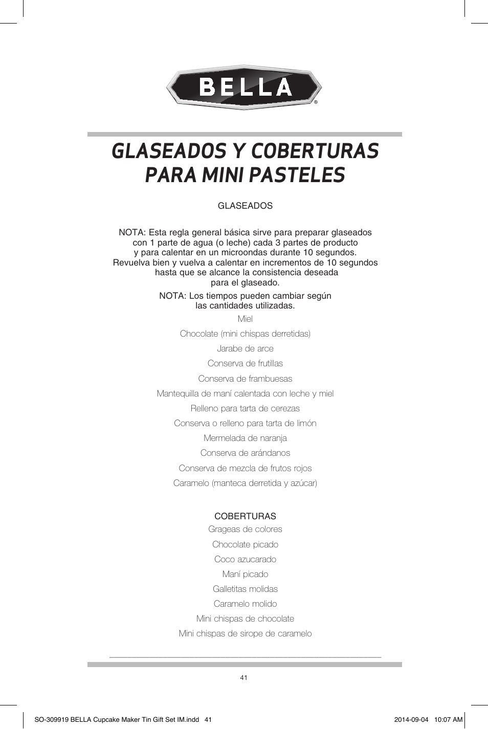 Glaseados y coberturas para mini pasteles | BELLA 13823 Mini Cupcake Maker Tin Box Set User Manual | Page 42 / 43