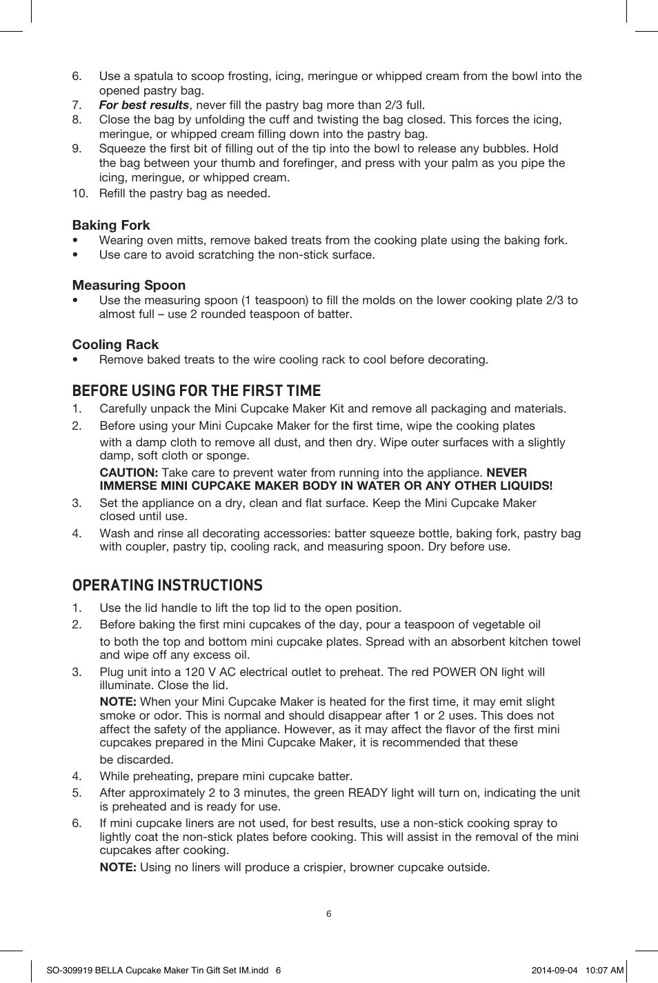 Before using for the first time, Operating instructions | BELLA 13823 Mini Cupcake Maker Tin Box Set User Manual | Page 7 / 43
