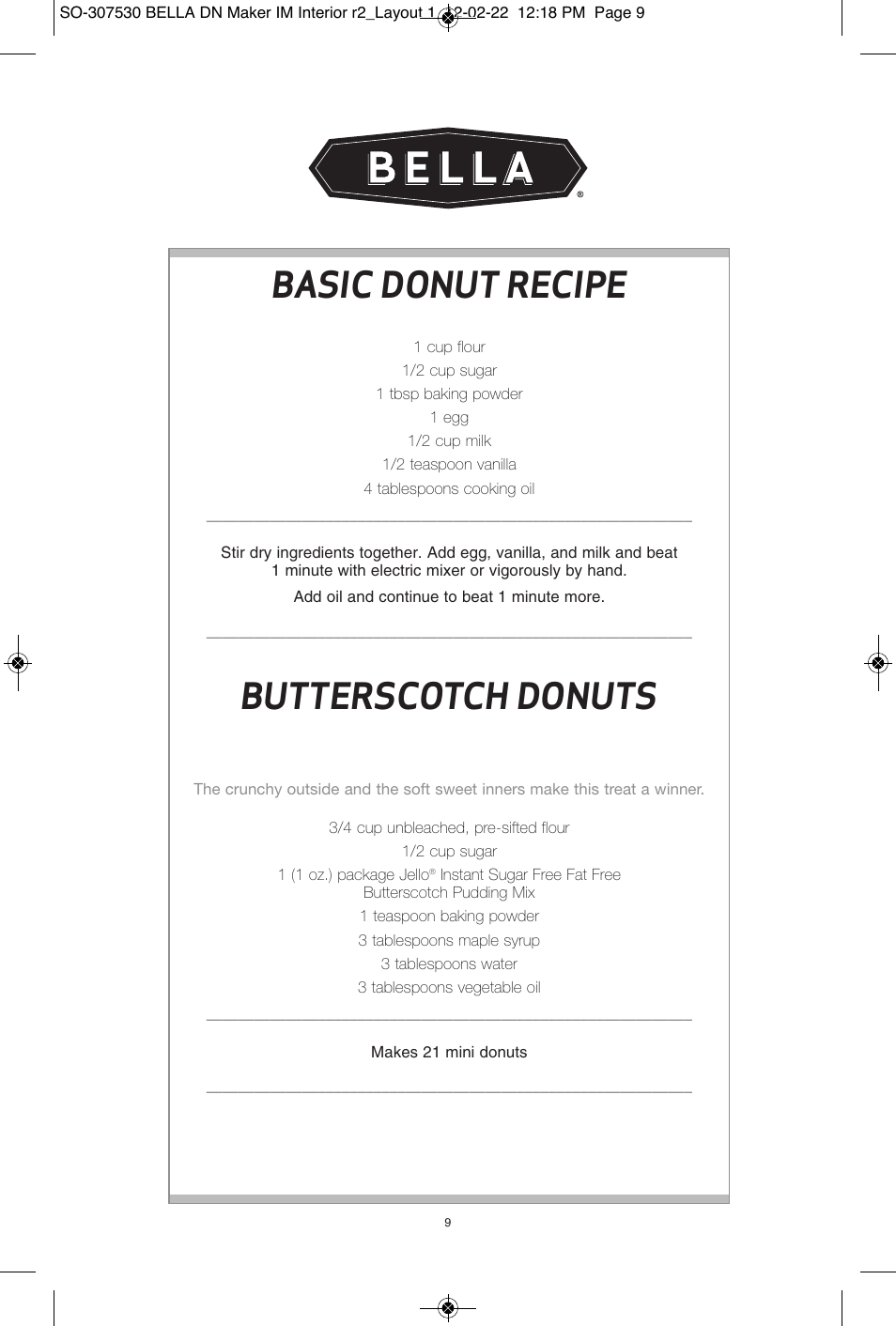 Basic donut recipe, Butterscotch donuts | BELLA 13466 Mini Donut Maker User Manual | Page 11 / 30