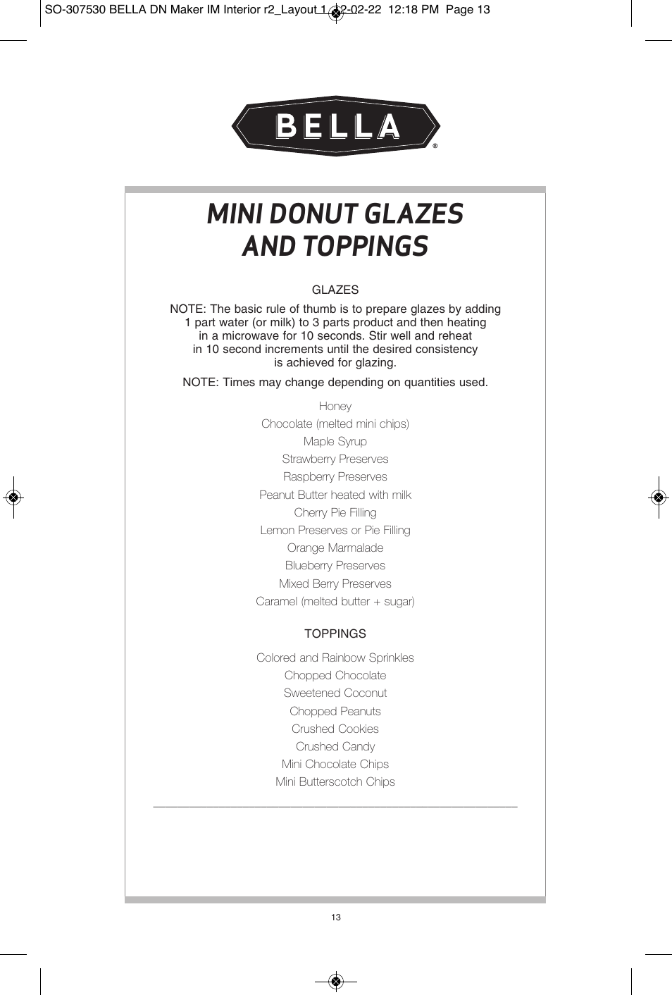 Mini donut glazes and toppings | BELLA 13466 Mini Donut Maker User Manual | Page 15 / 30