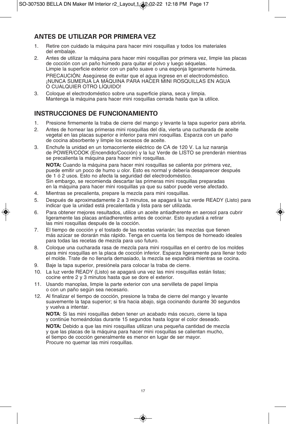 Antes de utilizar por primera vez, Instrucciones de funcionamiento | BELLA 13466 Mini Donut Maker User Manual | Page 19 / 30