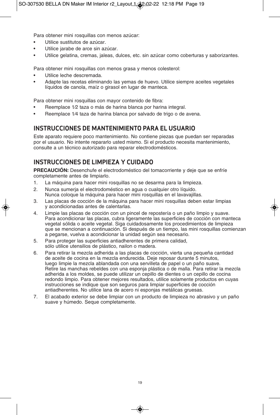 Instrucciones de mantenimiento para el usuario, Instrucciones de limpieza y cuidado | BELLA 13466 Mini Donut Maker User Manual | Page 21 / 30