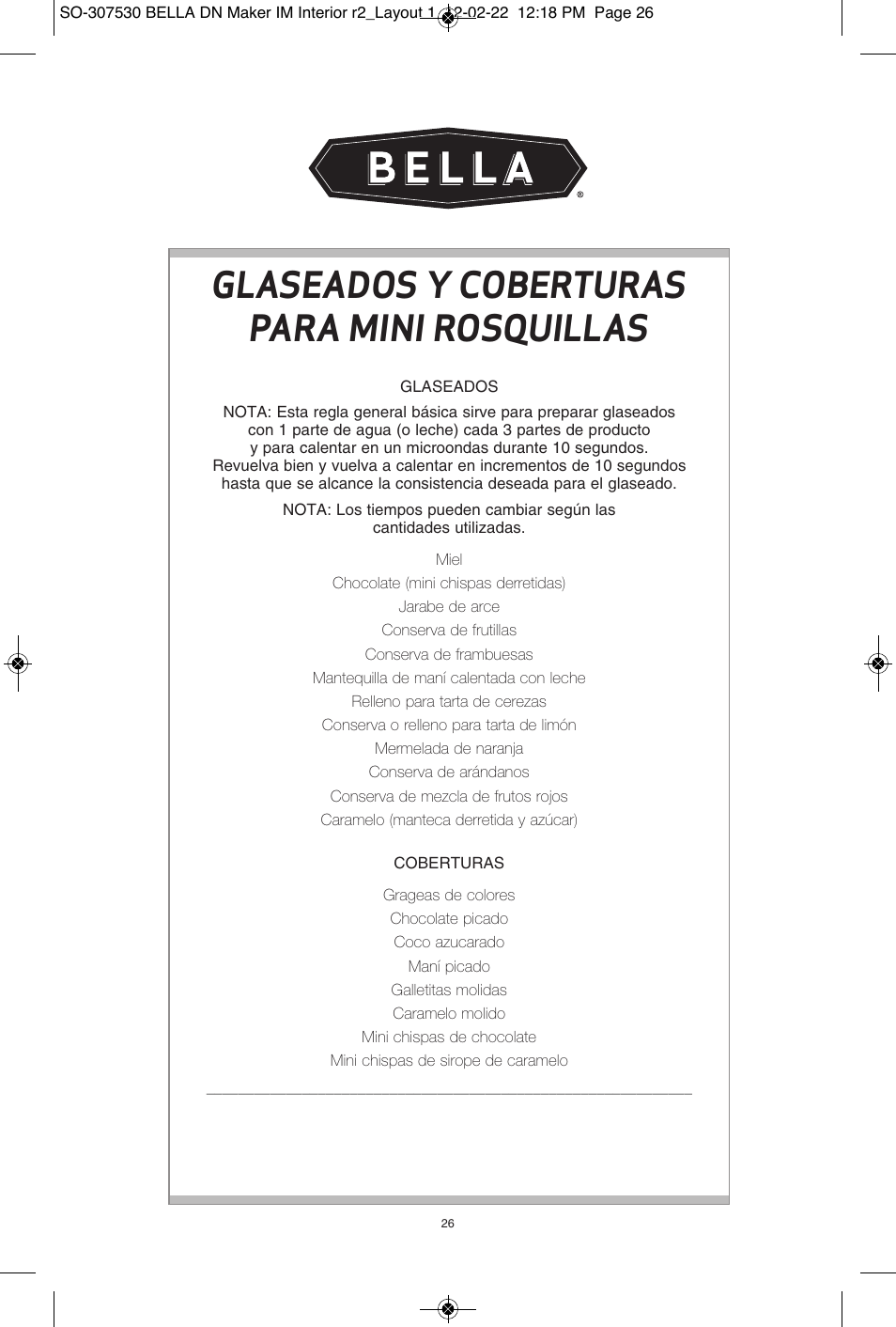 Glaseados y coberturas para mini rosquillas | BELLA 13466 Mini Donut Maker User Manual | Page 28 / 30
