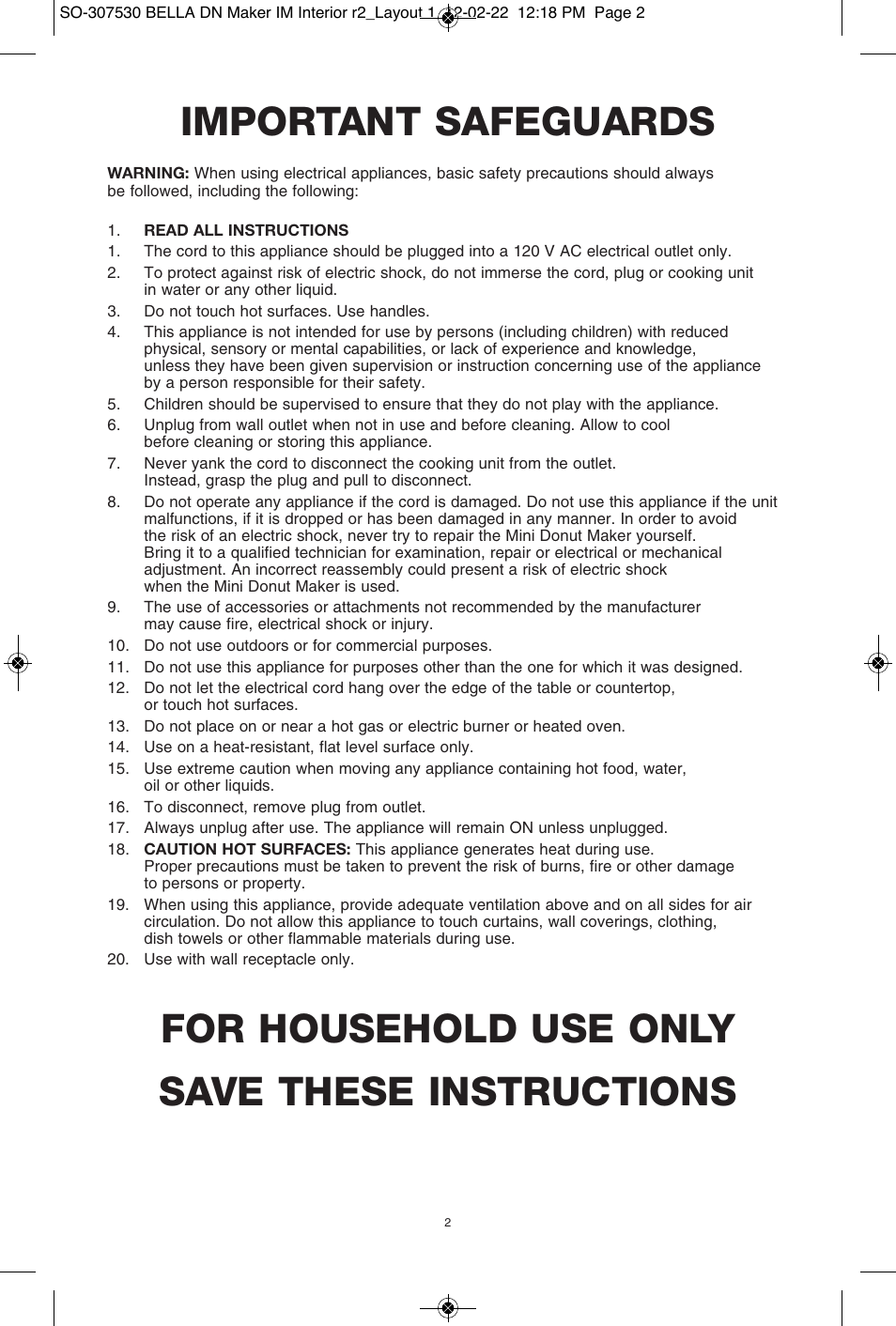 Important safeguards, For household use only save these instructions | BELLA 13466 Mini Donut Maker User Manual | Page 4 / 30