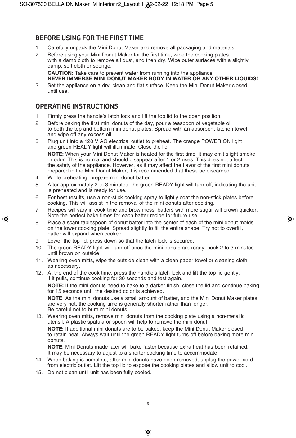 Before using for the first time, Operating instructions | BELLA 13466 Mini Donut Maker User Manual | Page 7 / 30