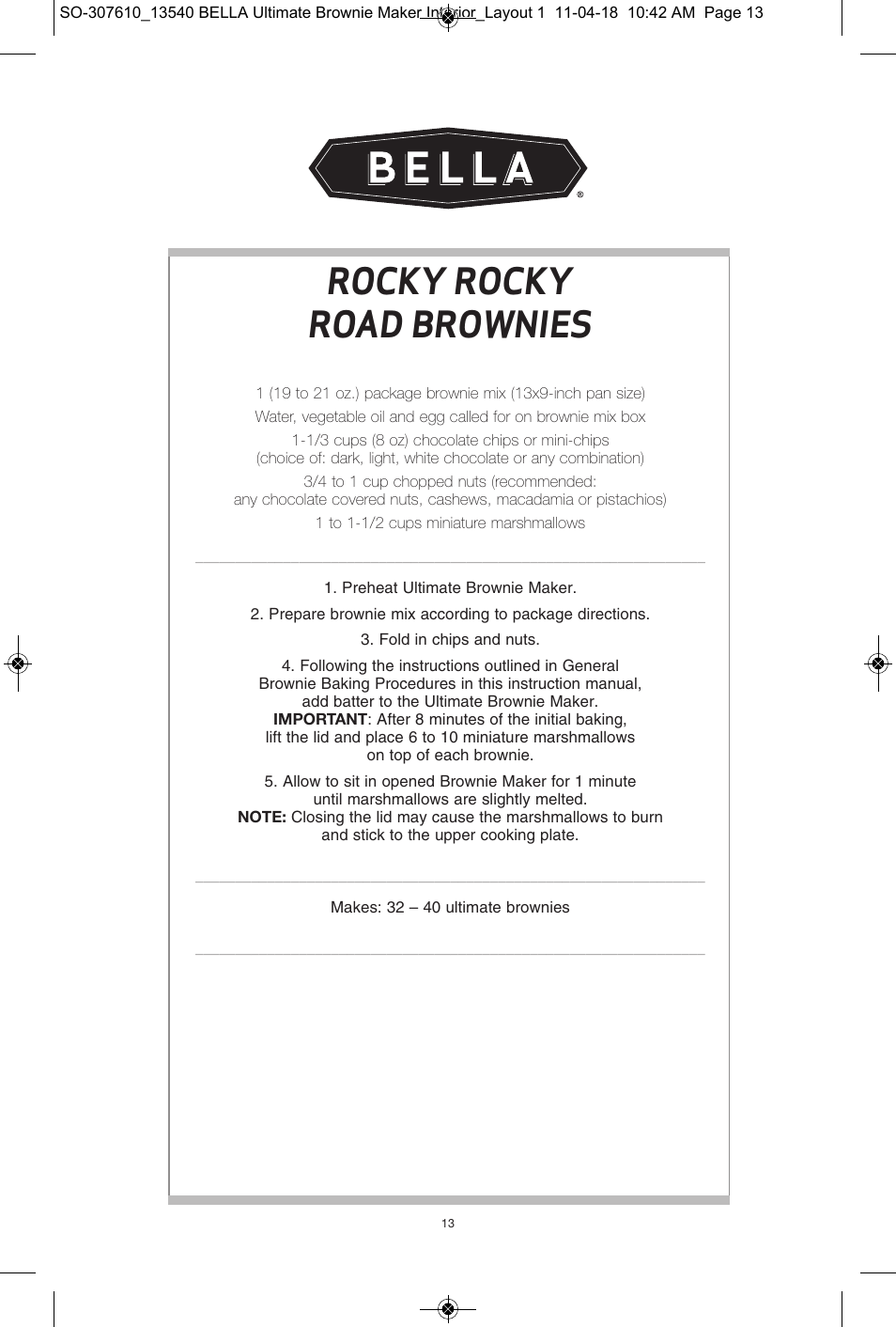 Rocky rocky road brownies | BELLA 13540 Ultimate Brownie Maker User Manual | Page 14 / 55
