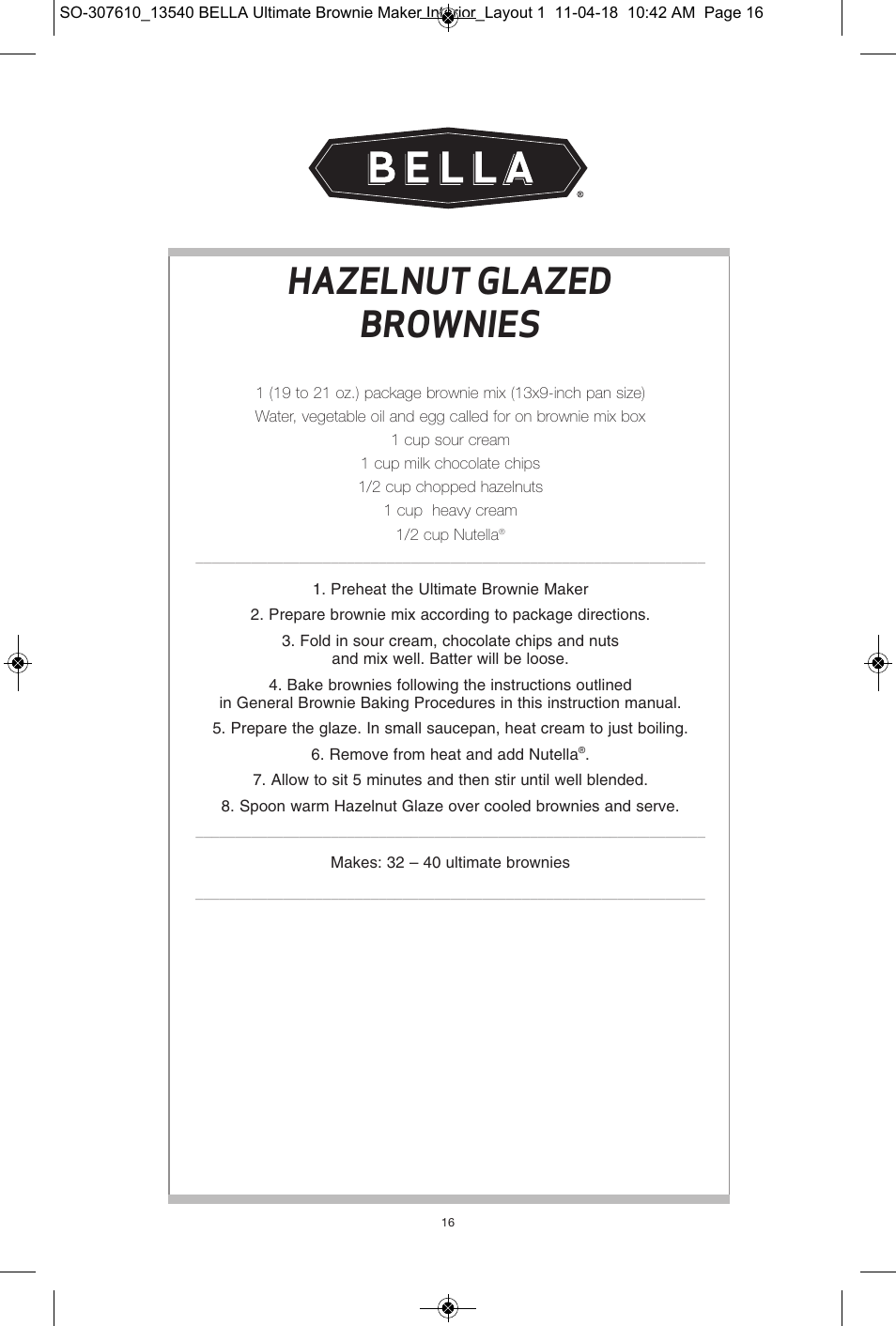 Hazelnut glazed brownies | BELLA 13540 Ultimate Brownie Maker User Manual | Page 17 / 55