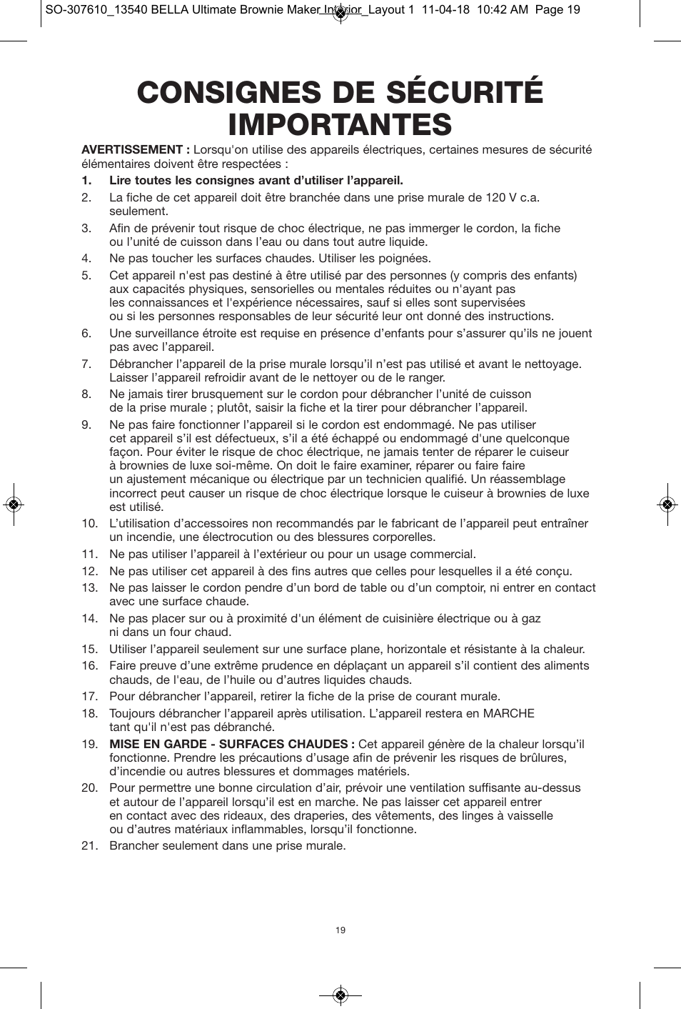 Consignes de sécurité importantes | BELLA 13540 Ultimate Brownie Maker User Manual | Page 20 / 55