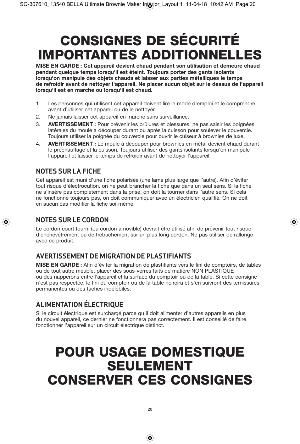 Consignes de sécurité importantes additionnelles | BELLA 13540 Ultimate Brownie Maker User Manual | Page 21 / 55