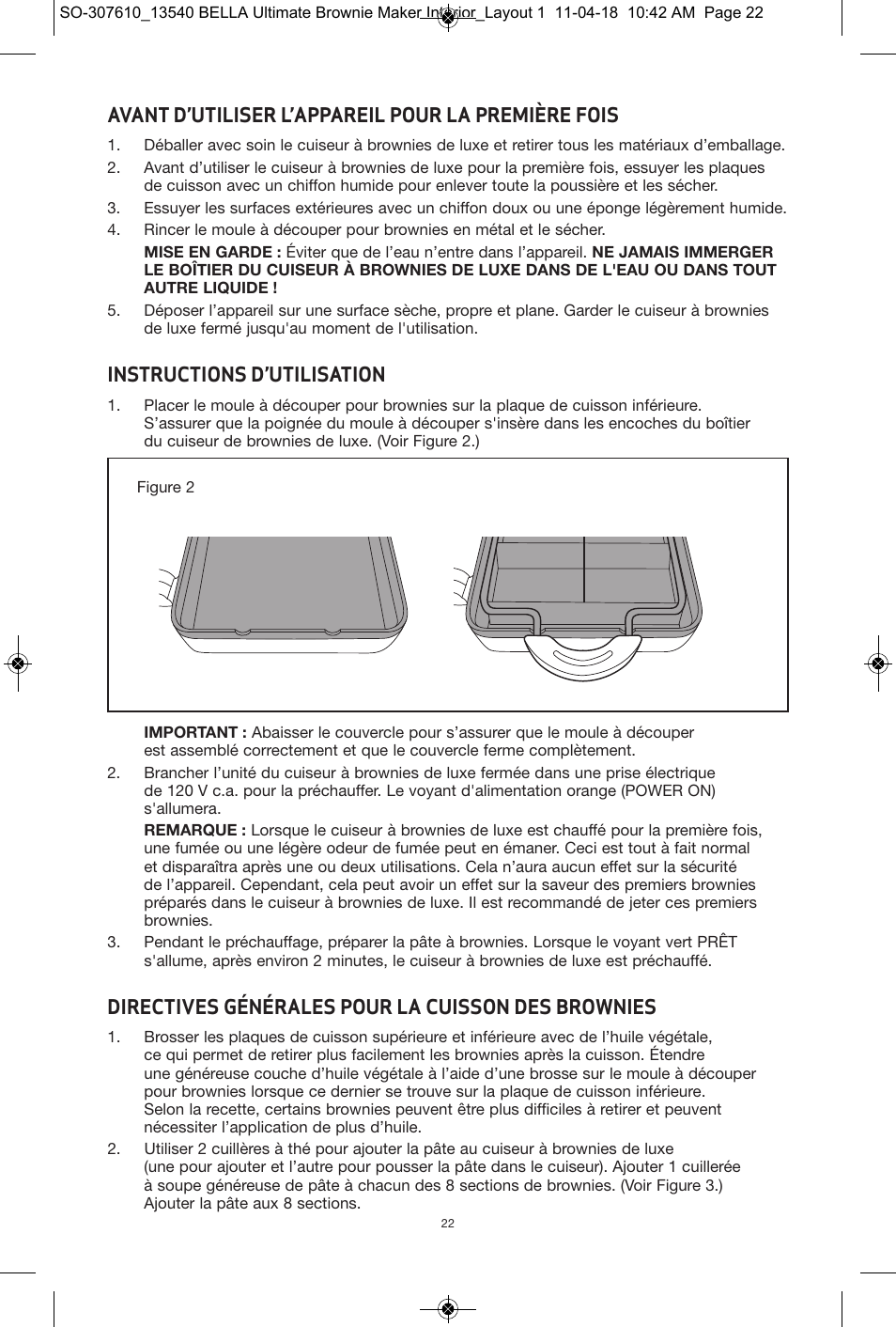 Avant d’utiliser l’appareil pour la première fois, Instructions d’utilisation, Directives générales pour la cuisson des brownies | BELLA 13540 Ultimate Brownie Maker User Manual | Page 23 / 55