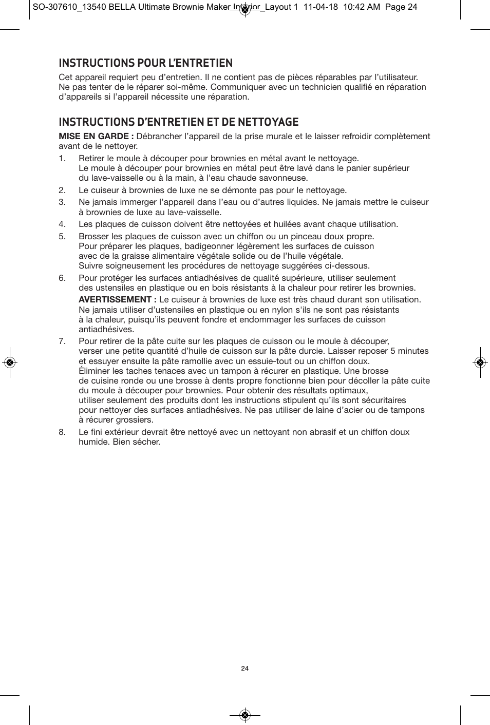 Instructions pour l’entretien, Instructions d’entretien et de nettoyage | BELLA 13540 Ultimate Brownie Maker User Manual | Page 25 / 55