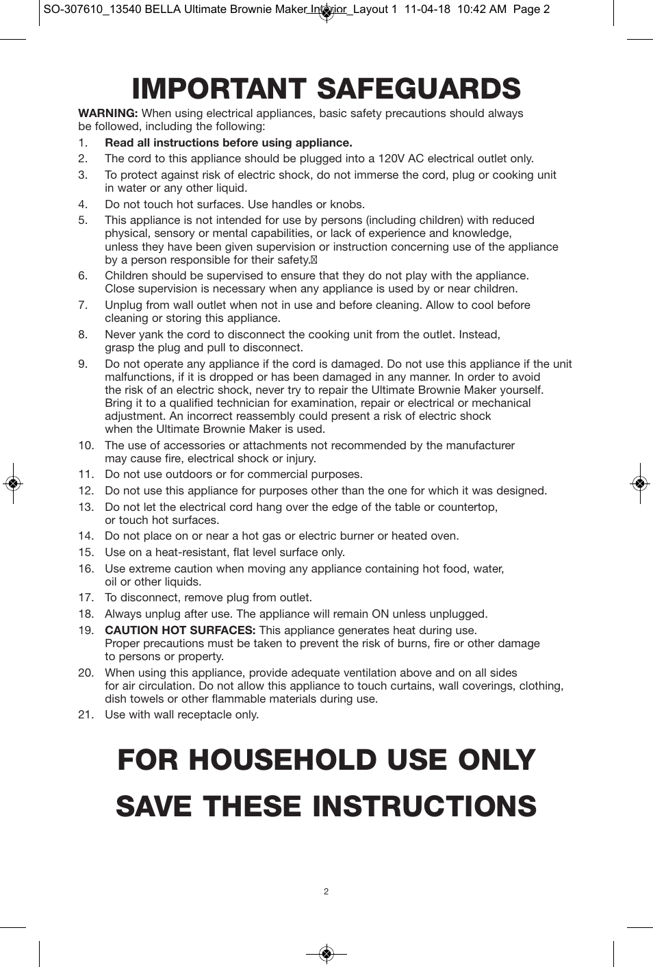 Important safeguards, For household use only save these instructions | BELLA 13540 Ultimate Brownie Maker User Manual | Page 3 / 55
