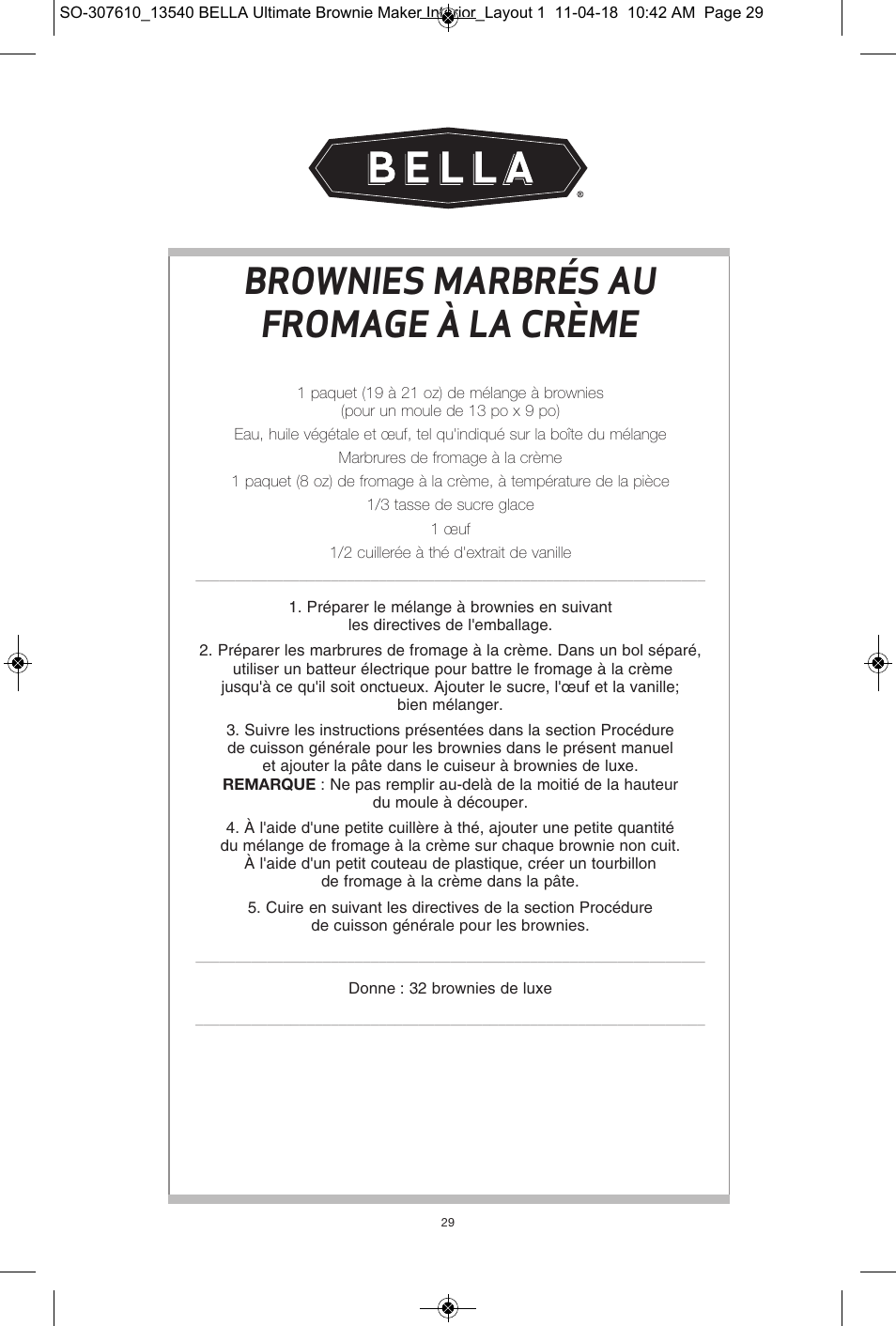 Brownies marbrés au fromage à la crème | BELLA 13540 Ultimate Brownie Maker User Manual | Page 30 / 55