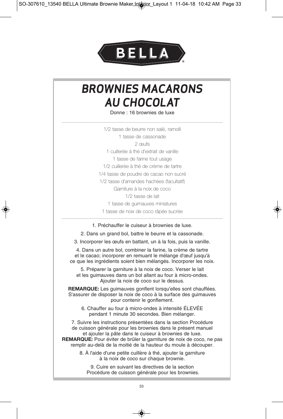 Brownies macarons au chocolat | BELLA 13540 Ultimate Brownie Maker User Manual | Page 34 / 55