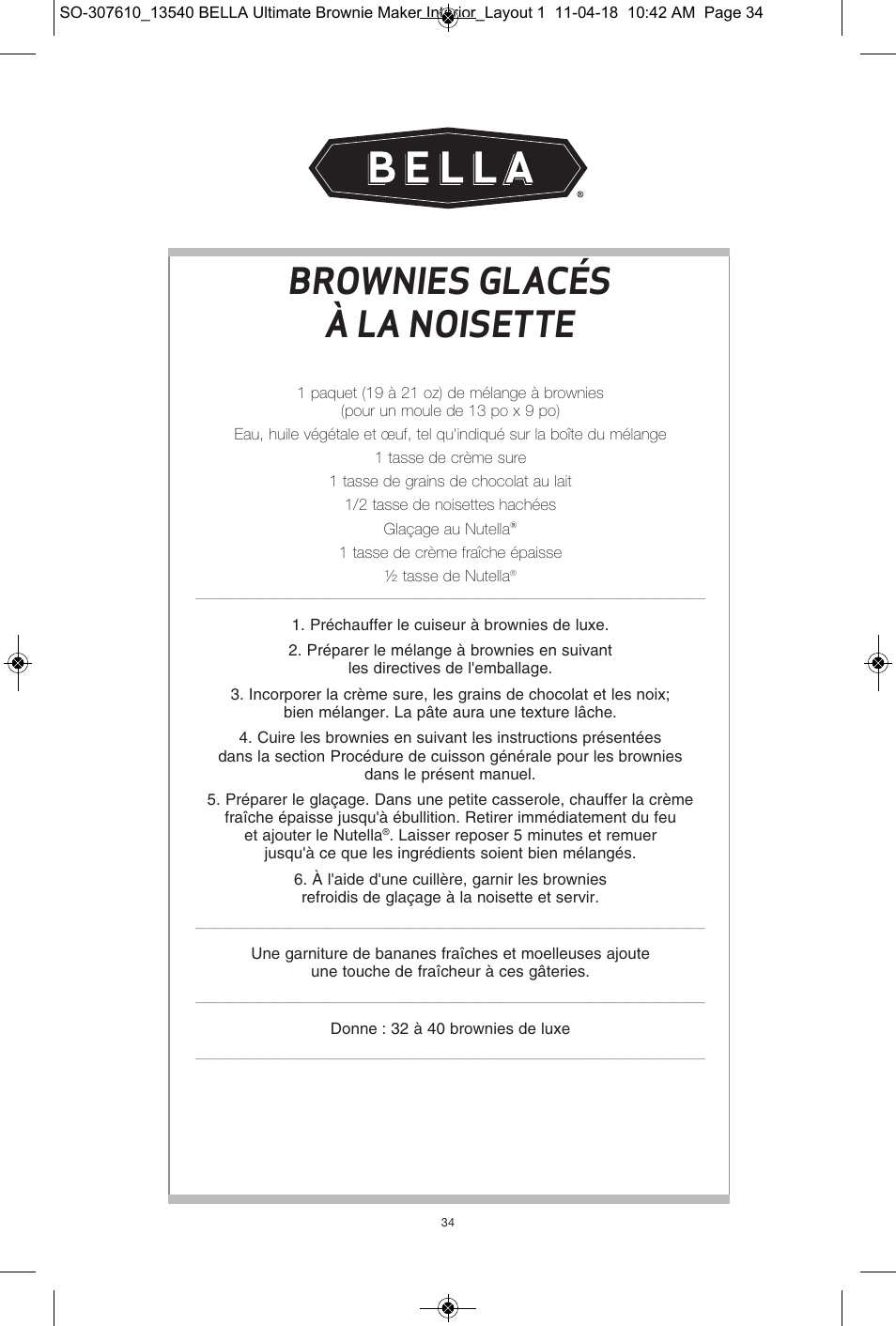 Brownies glacés à la noisette | BELLA 13540 Ultimate Brownie Maker User Manual | Page 35 / 55