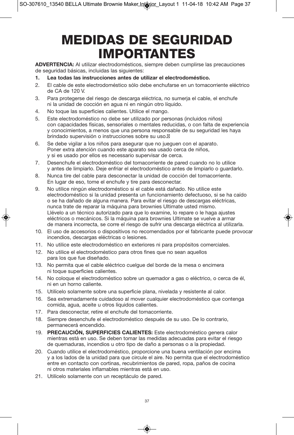 Medidas de seguridad importantes | BELLA 13540 Ultimate Brownie Maker User Manual | Page 38 / 55