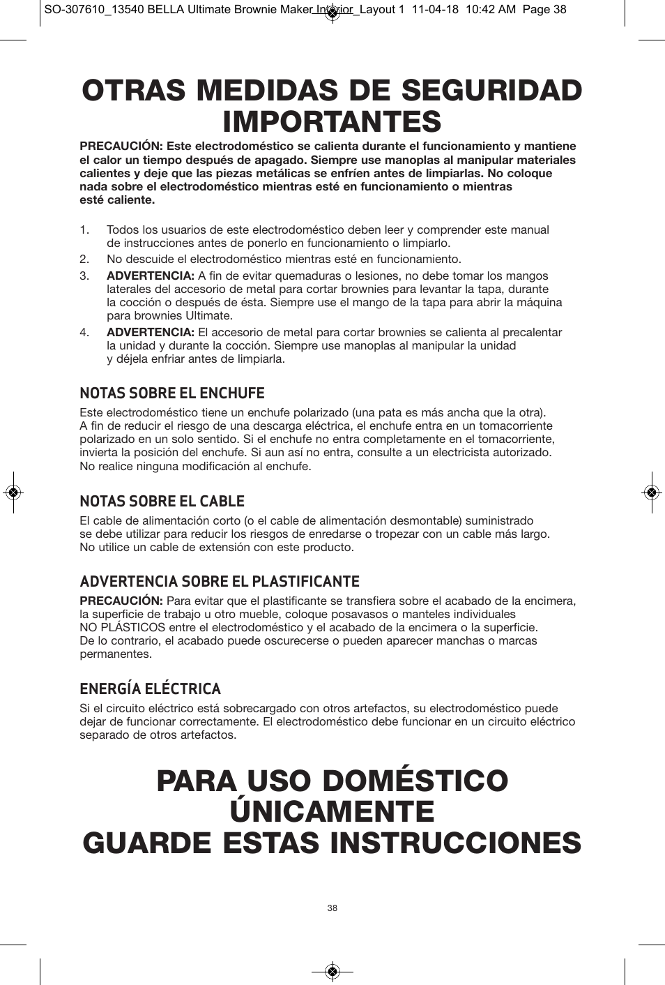 Otras medidas de seguridad importantes | BELLA 13540 Ultimate Brownie Maker User Manual | Page 39 / 55