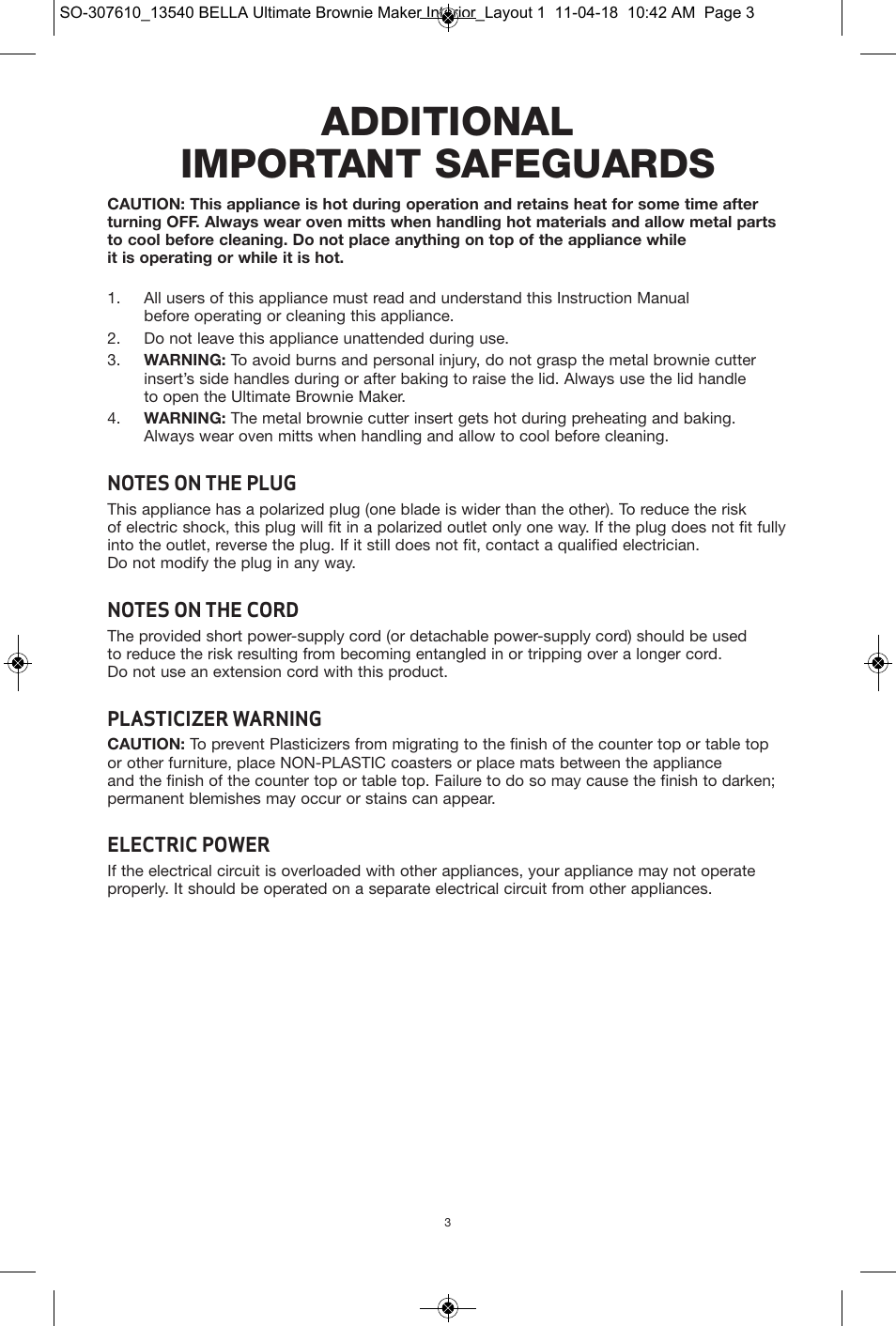 Additional important safeguards | BELLA 13540 Ultimate Brownie Maker User Manual | Page 4 / 55