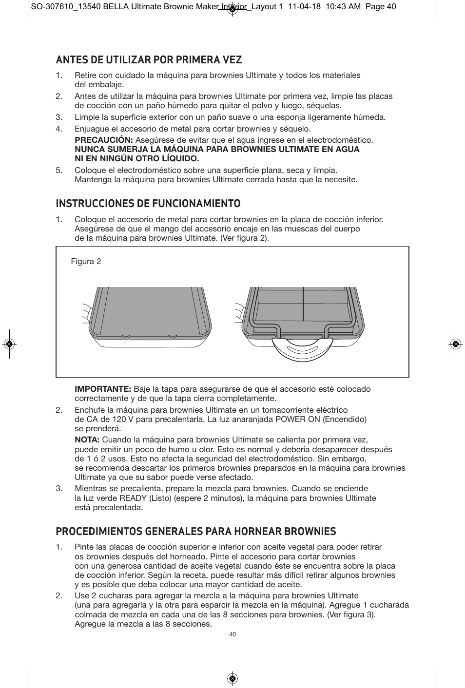 Antes de utilizar por primera vez, Instrucciones de funcionamiento, Procedimientos generales para hornear brownies | BELLA 13540 Ultimate Brownie Maker User Manual | Page 41 / 55