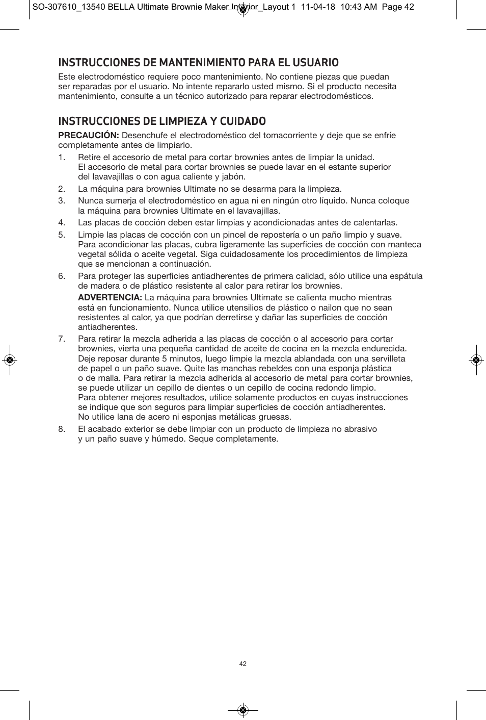 Instrucciones de mantenimiento para el usuario, Instrucciones de limpieza y cuidado | BELLA 13540 Ultimate Brownie Maker User Manual | Page 43 / 55