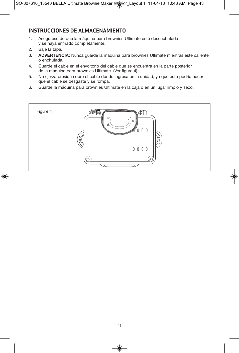Instrucciones de almacenamiento | BELLA 13540 Ultimate Brownie Maker User Manual | Page 44 / 55