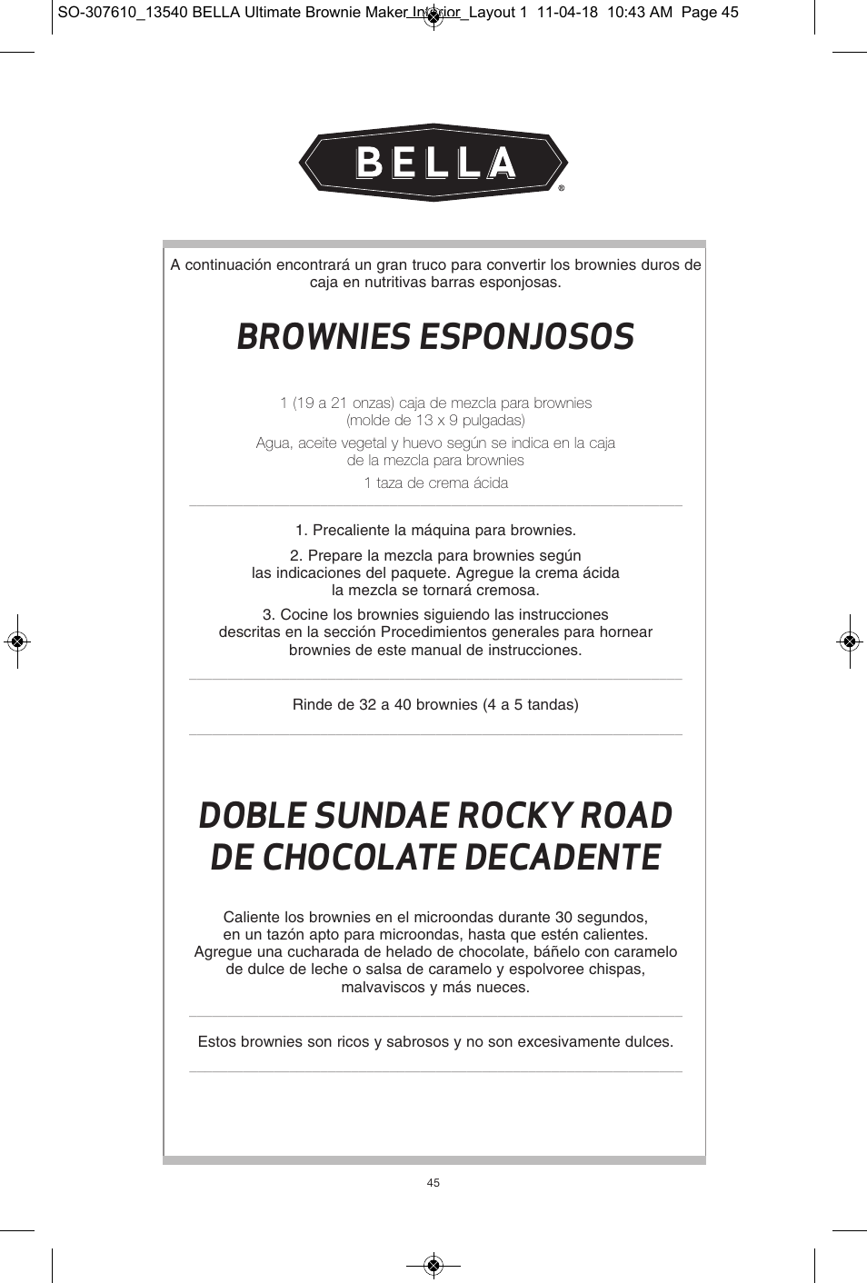Brownies esponjosos, Doble sundae rocky road de chocolate decadente | BELLA 13540 Ultimate Brownie Maker User Manual | Page 46 / 55