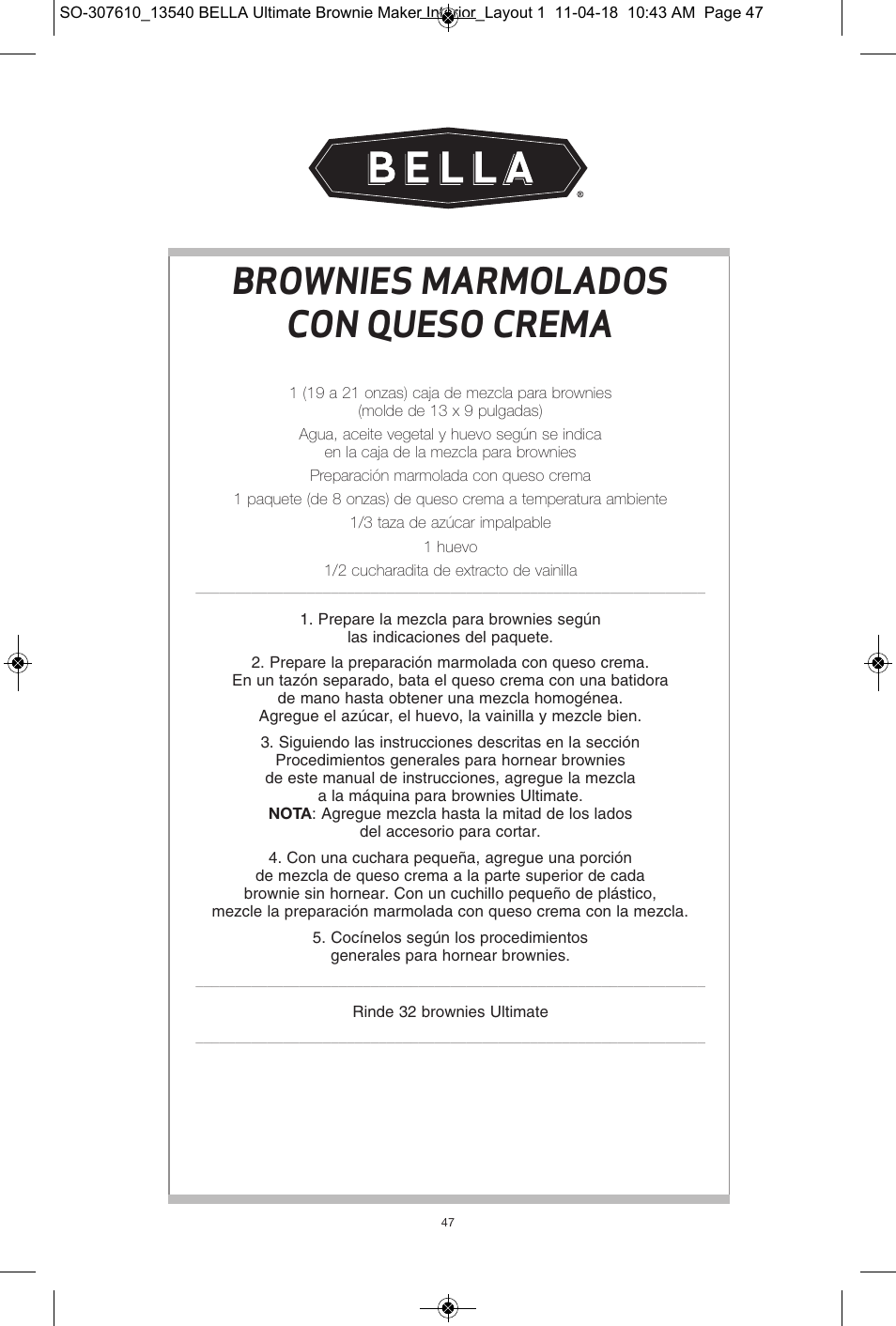 Brownies marmolados con queso crema | BELLA 13540 Ultimate Brownie Maker User Manual | Page 48 / 55