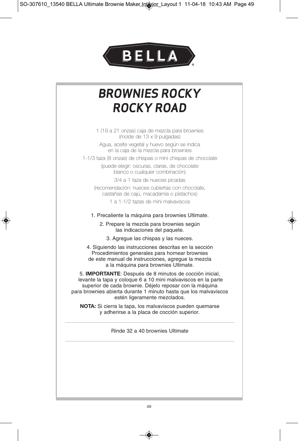 Brownies rocky rocky road | BELLA 13540 Ultimate Brownie Maker User Manual | Page 50 / 55