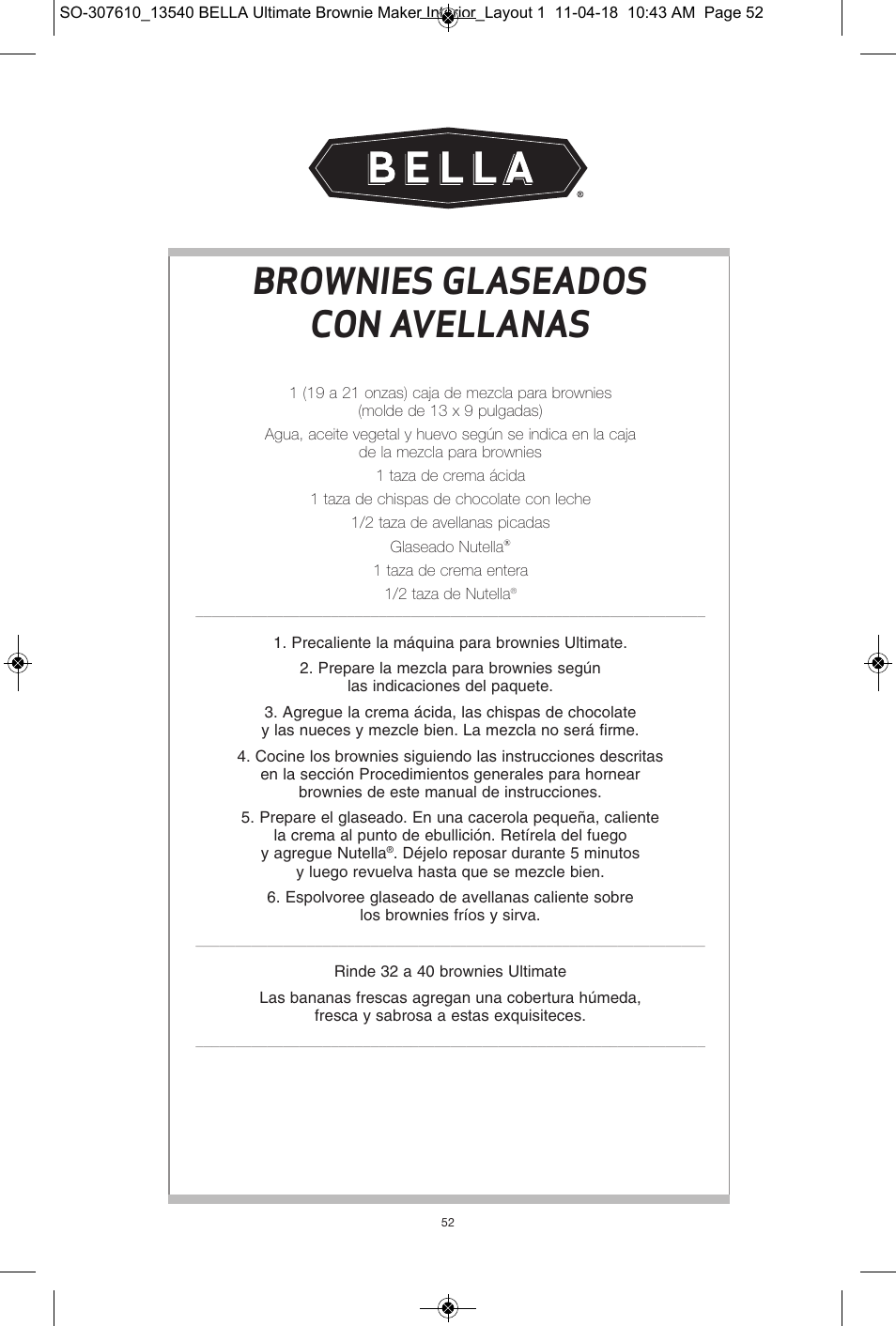 Brownies glaseados con avellanas | BELLA 13540 Ultimate Brownie Maker User Manual | Page 53 / 55