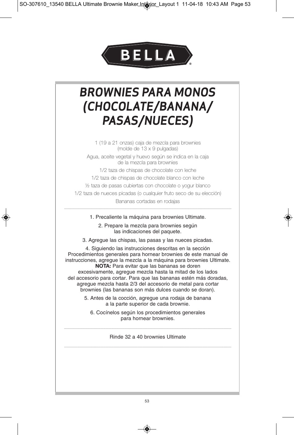 BELLA 13540 Ultimate Brownie Maker User Manual | Page 54 / 55