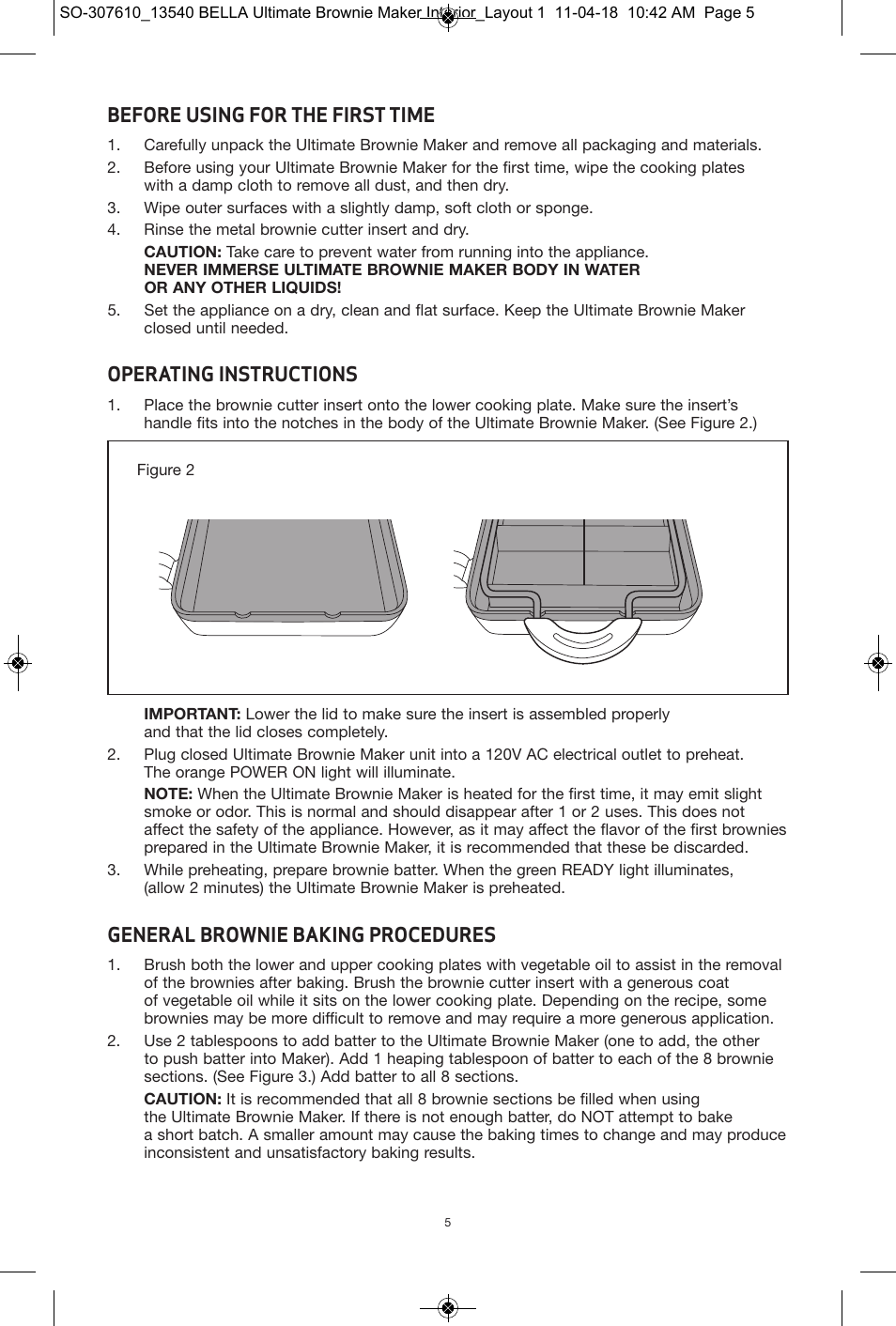 Before using for the first time, Operating instructions, General brownie baking procedures | BELLA 13540 Ultimate Brownie Maker User Manual | Page 6 / 55