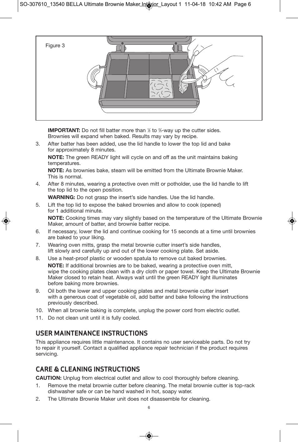 User maintenance instructions, Care & cleaning instructions | BELLA 13540 Ultimate Brownie Maker User Manual | Page 7 / 55