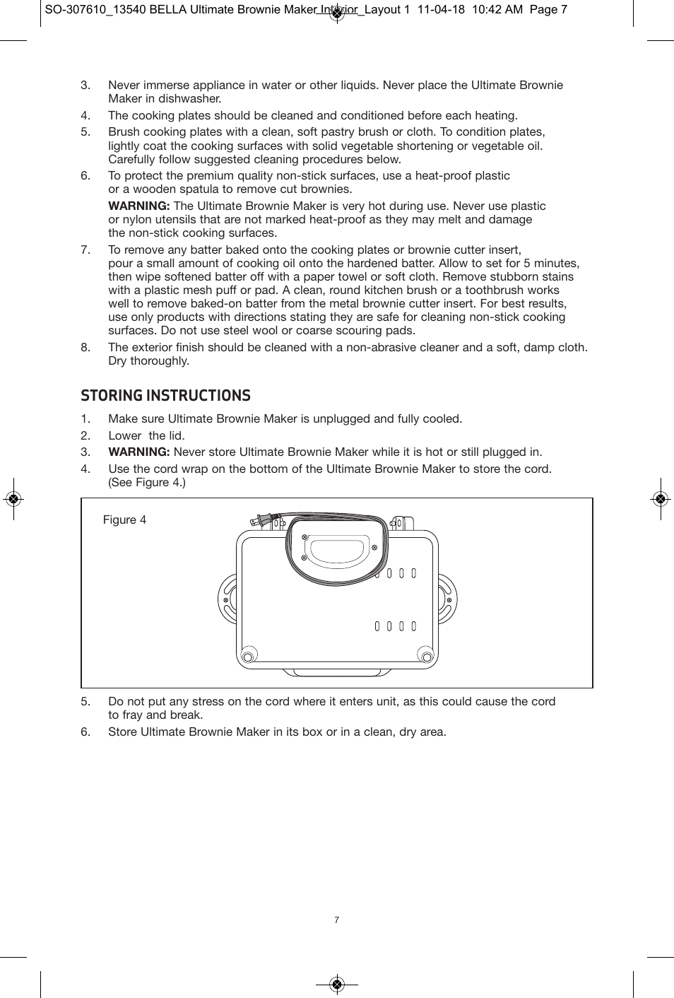 Storing instructions | BELLA 13540 Ultimate Brownie Maker User Manual | Page 8 / 55