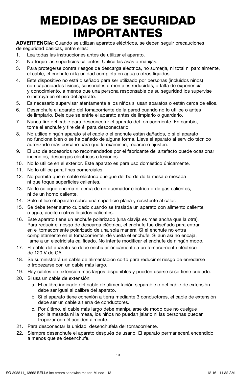 Medidas de seguridad importantes | BELLA 13662 Ice Cream Sandwich Maker User Manual | Page 16 / 29
