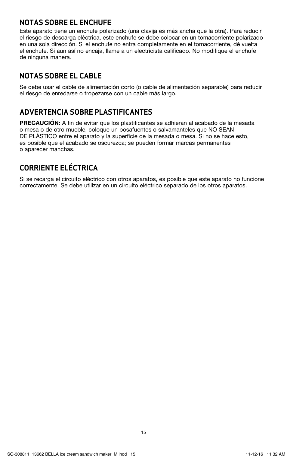 Notas sobre el enchufe, Notas sobre el cable, Advertencia sobre plastificantes | Corriente eléctrica | BELLA 13662 Ice Cream Sandwich Maker User Manual | Page 18 / 29