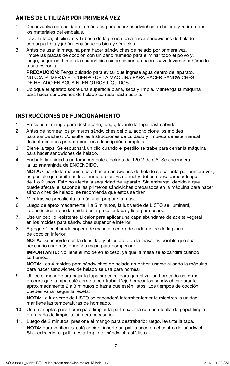 Antes de utilizar por primera vez, Instrucciones de funcionamiento | BELLA 13662 Ice Cream Sandwich Maker User Manual | Page 20 / 29