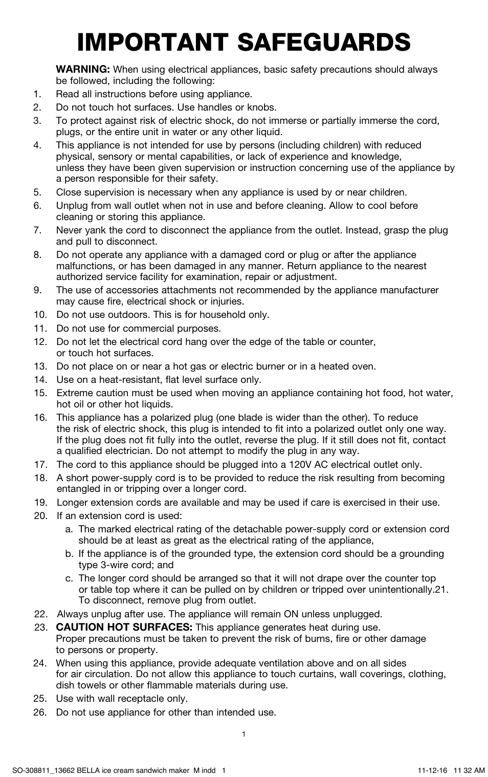 Important safeguards | BELLA 13662 Ice Cream Sandwich Maker User Manual | Page 4 / 29