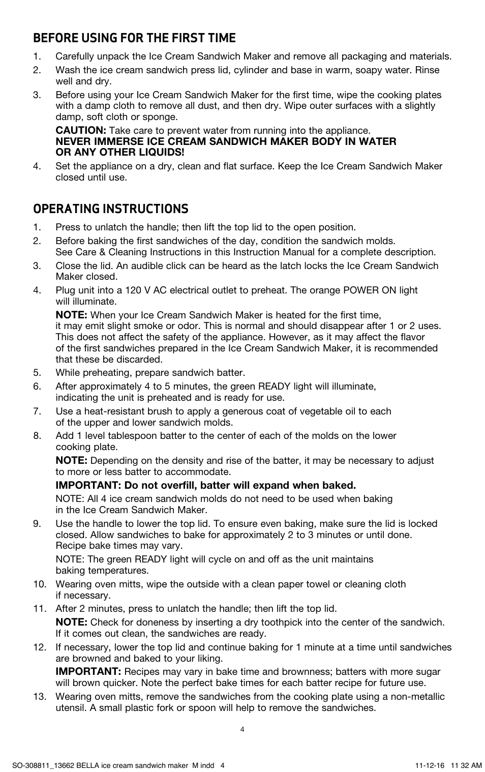 Before using for the first time, Operating instructions | BELLA 13662 Ice Cream Sandwich Maker User Manual | Page 7 / 29