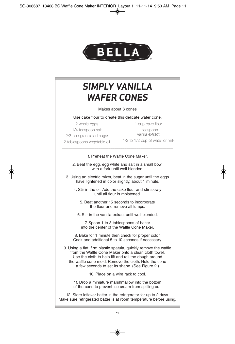 Simply vanilla wafer cones | BELLA 13468 Waffle Cone Maker User Manual | Page 11 / 28