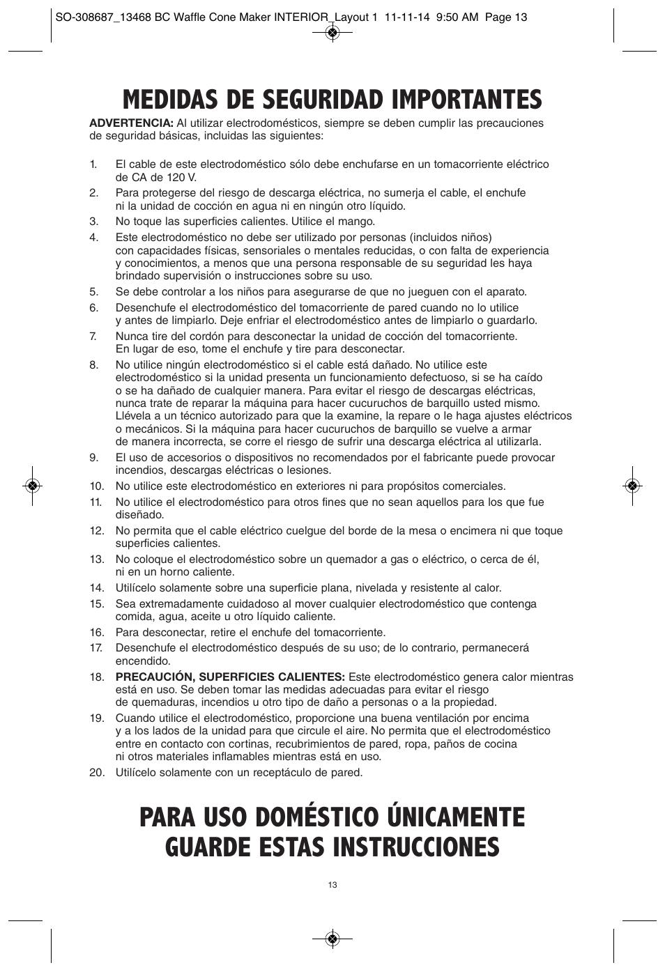 Medidas de seguridad importantes | BELLA 13468 Waffle Cone Maker User Manual | Page 13 / 28