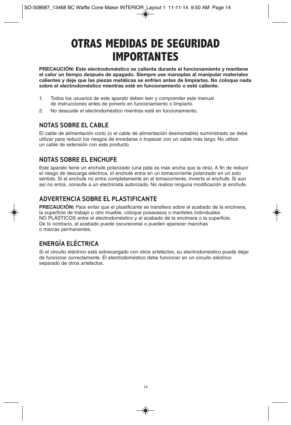 Otras medidas de seguridad importantes | BELLA 13468 Waffle Cone Maker User Manual | Page 14 / 28