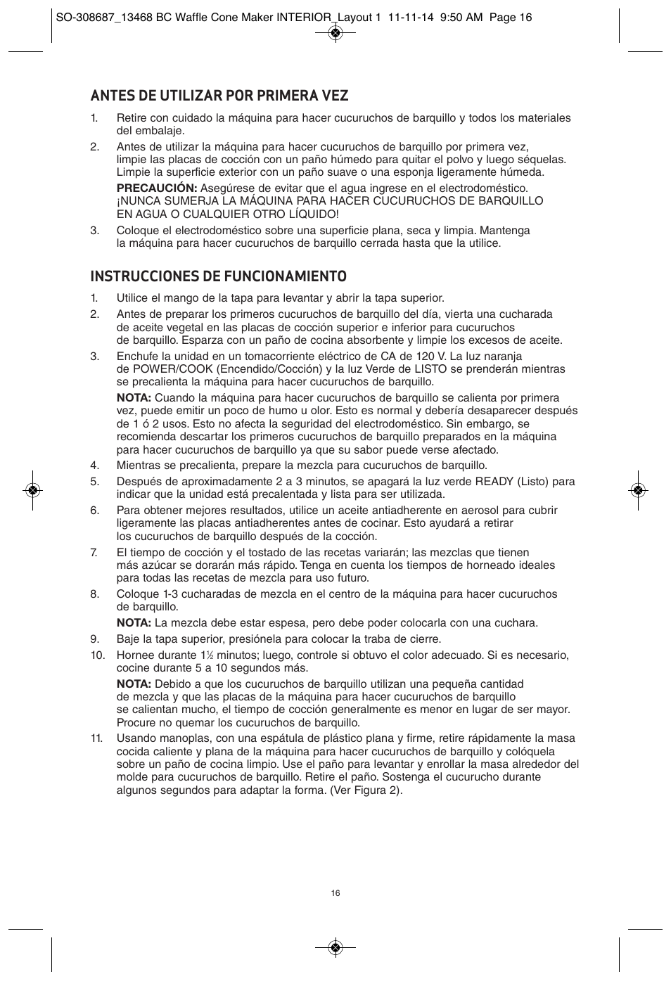 Antes de utilizar por primera vez, Instrucciones de funcionamiento | BELLA 13468 Waffle Cone Maker User Manual | Page 16 / 28