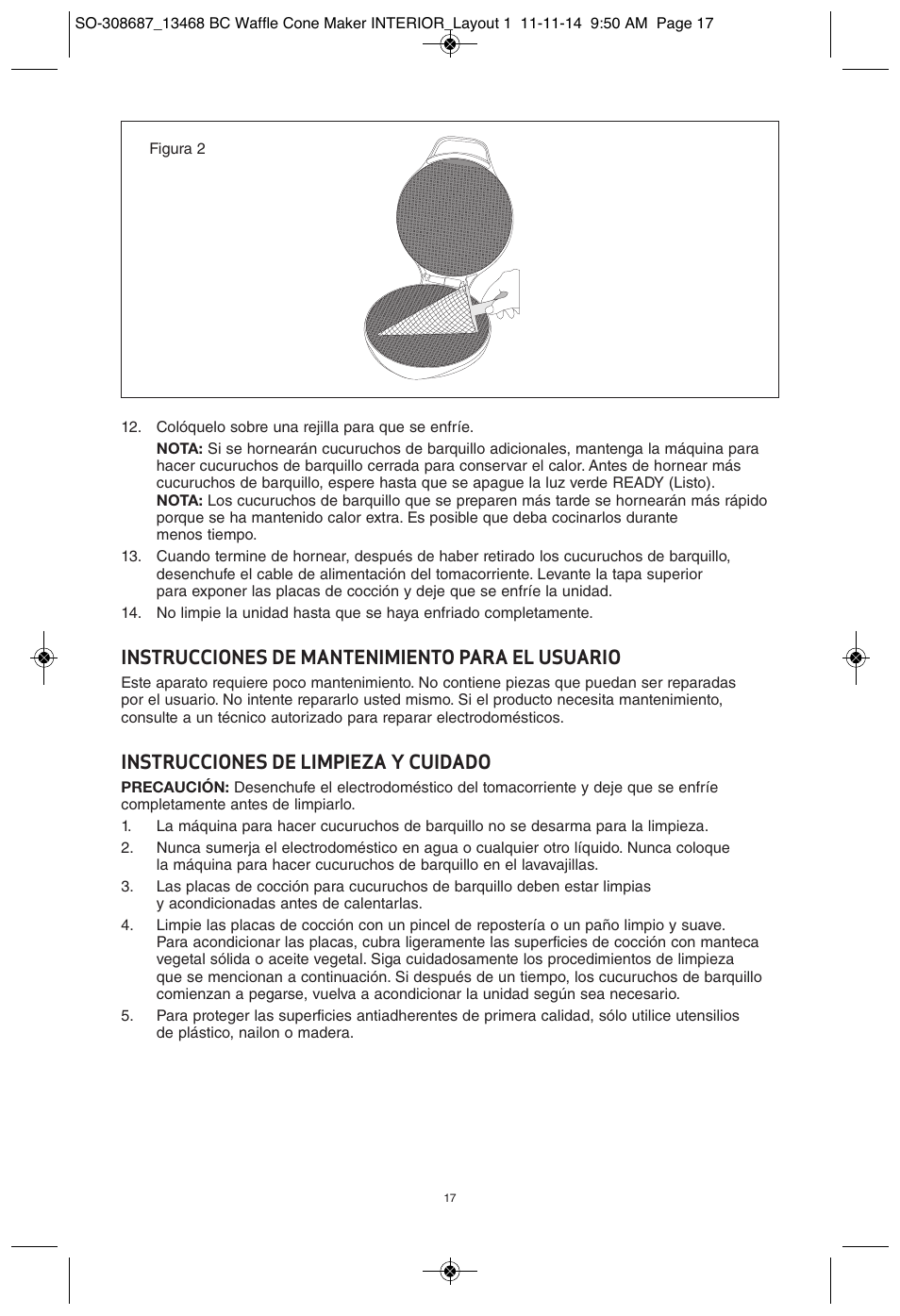 Instrucciones de mantenimiento para el usuario, Instrucciones de limpieza y cuidado | BELLA 13468 Waffle Cone Maker User Manual | Page 17 / 28