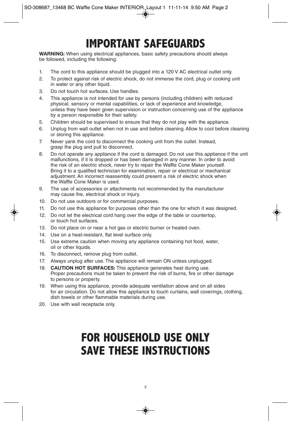 Important safeguards, For household use only save these instructions | BELLA 13468 Waffle Cone Maker User Manual | Page 2 / 28